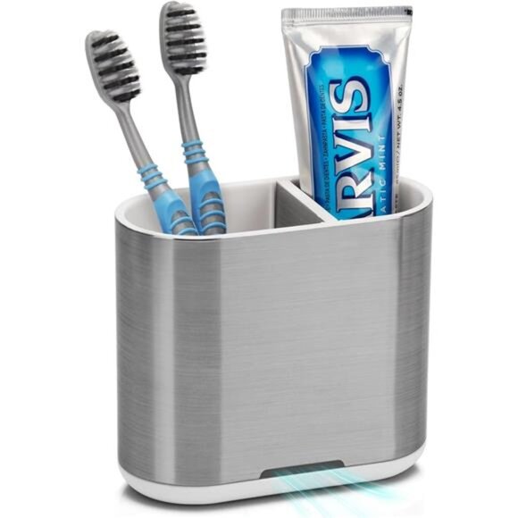 Toothbrush Holder Toothpaste Organizer Bathroom Countertop Electric Storage Silv - Picture 7 of 7